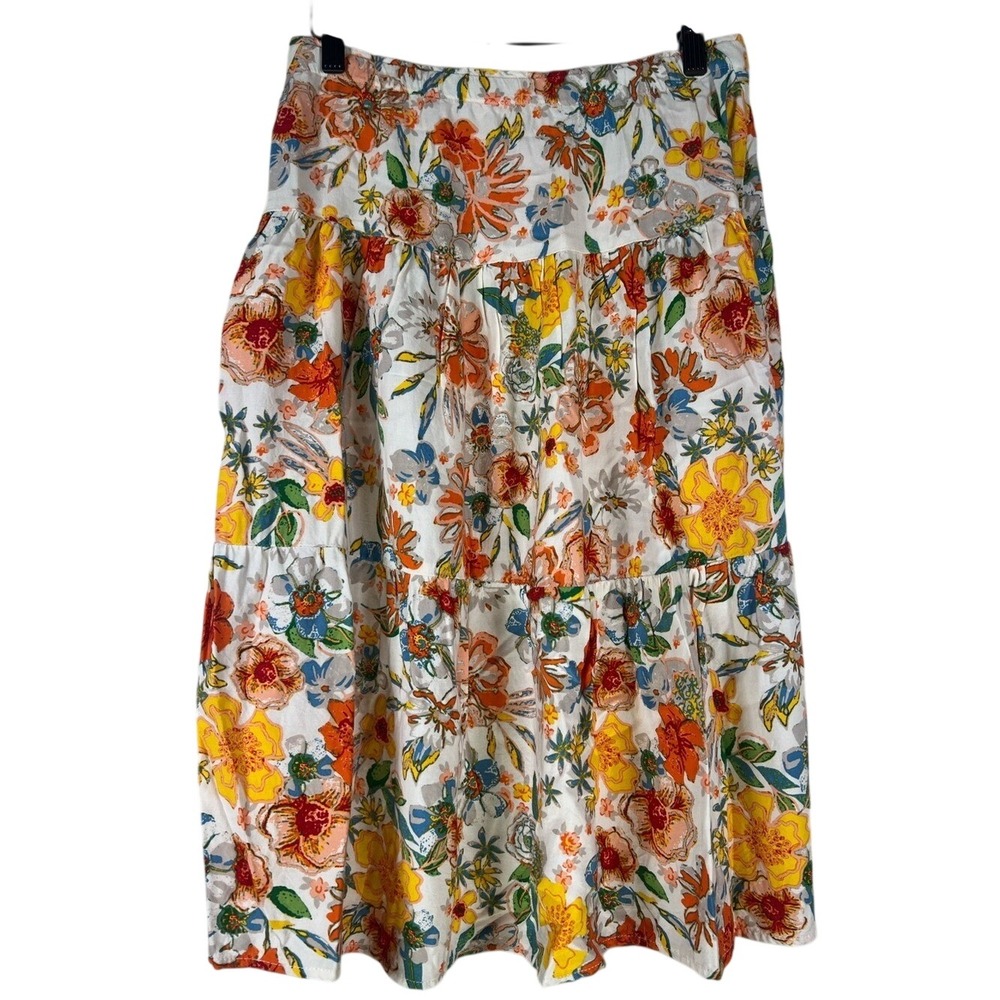 Handmade Boho‎ Tiered Floral Midi Skirt Orange Yellow White Botanical Vibrant